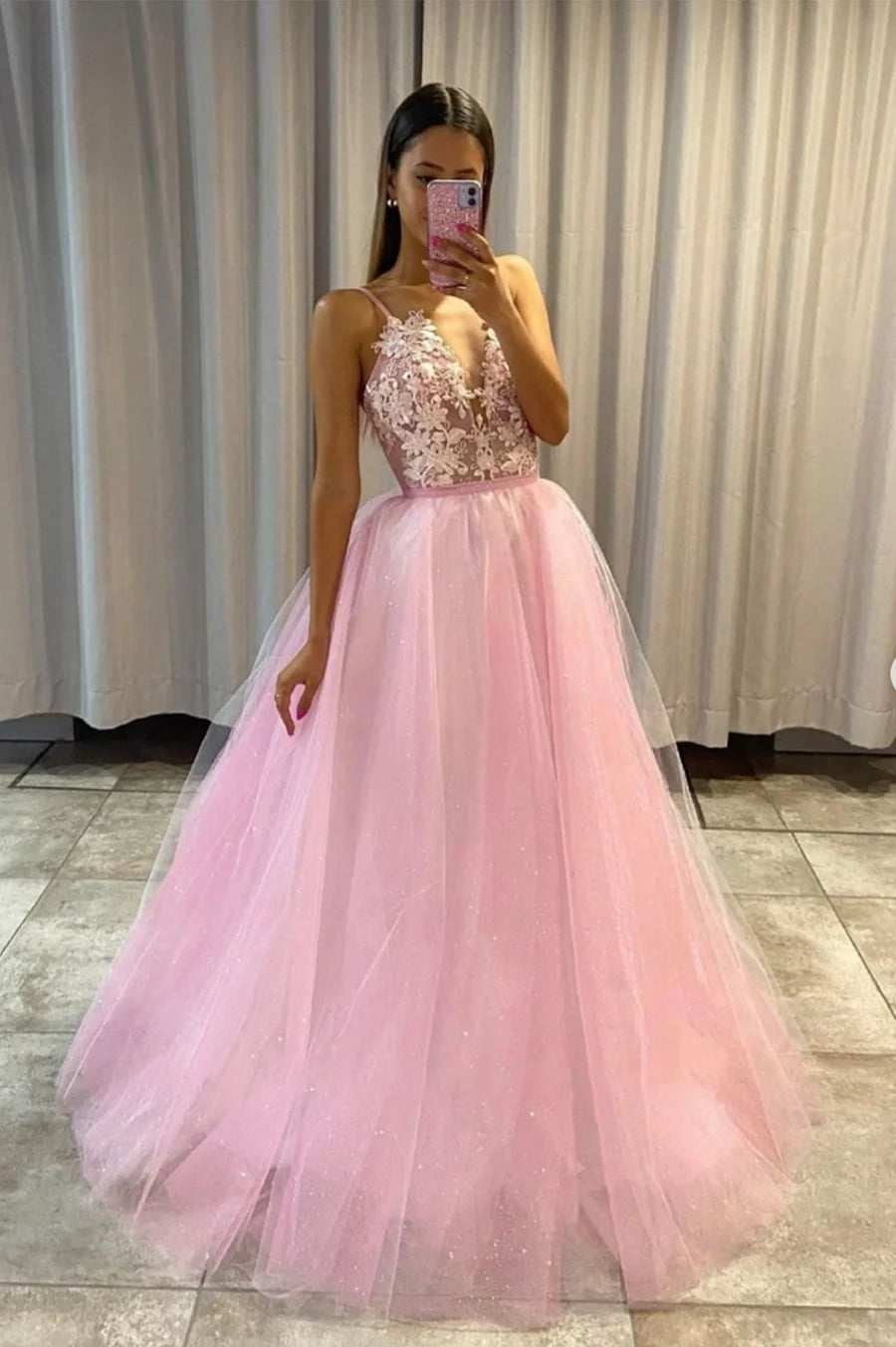A-Line V-Neck Spaghetti Straps Applique Lace Pink Long Prom Dresses