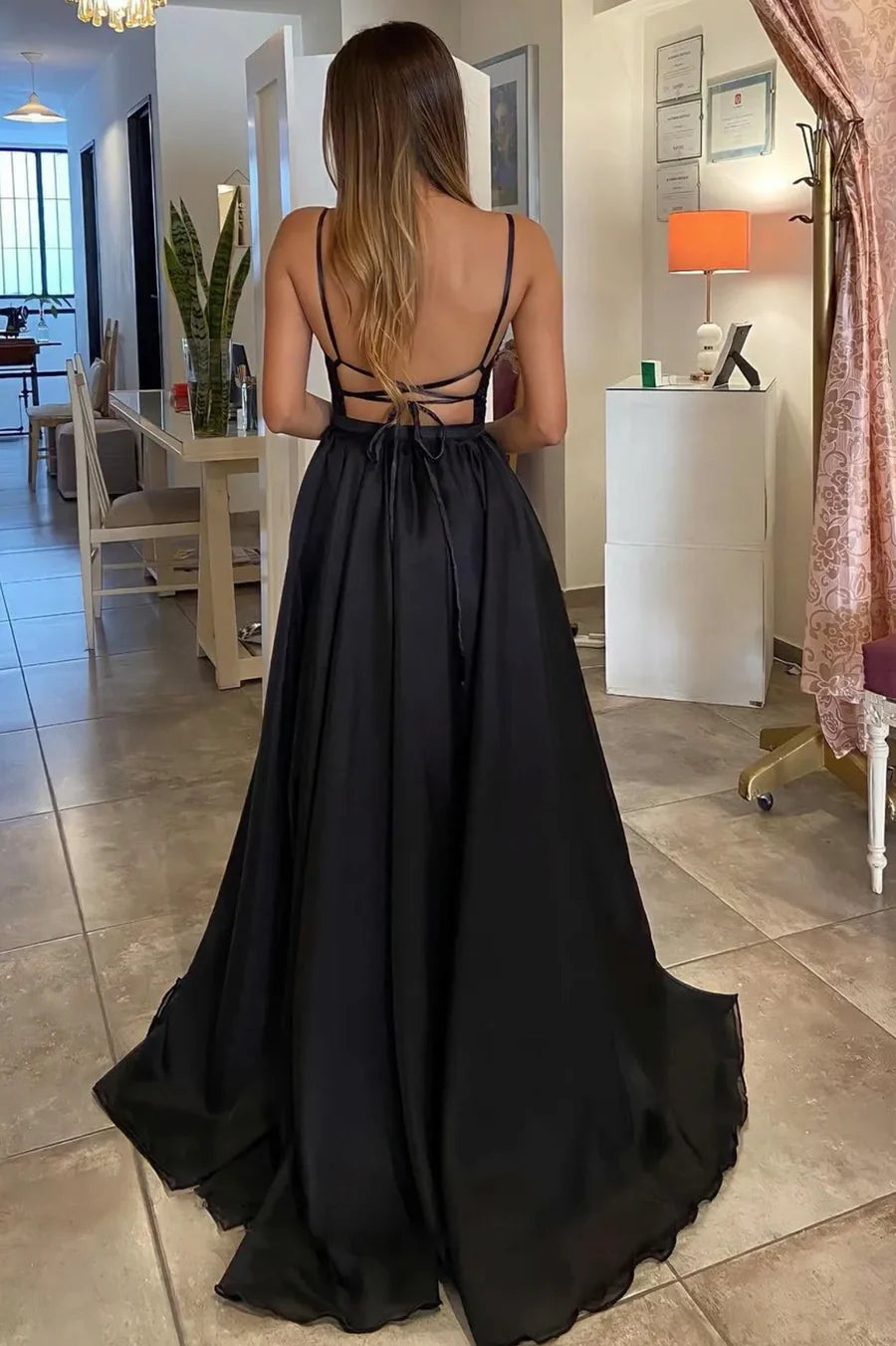 A-Line V-Neck Spaghetti Straps Backless Beaded Chiffon Black Long Prom Dress With High Slit