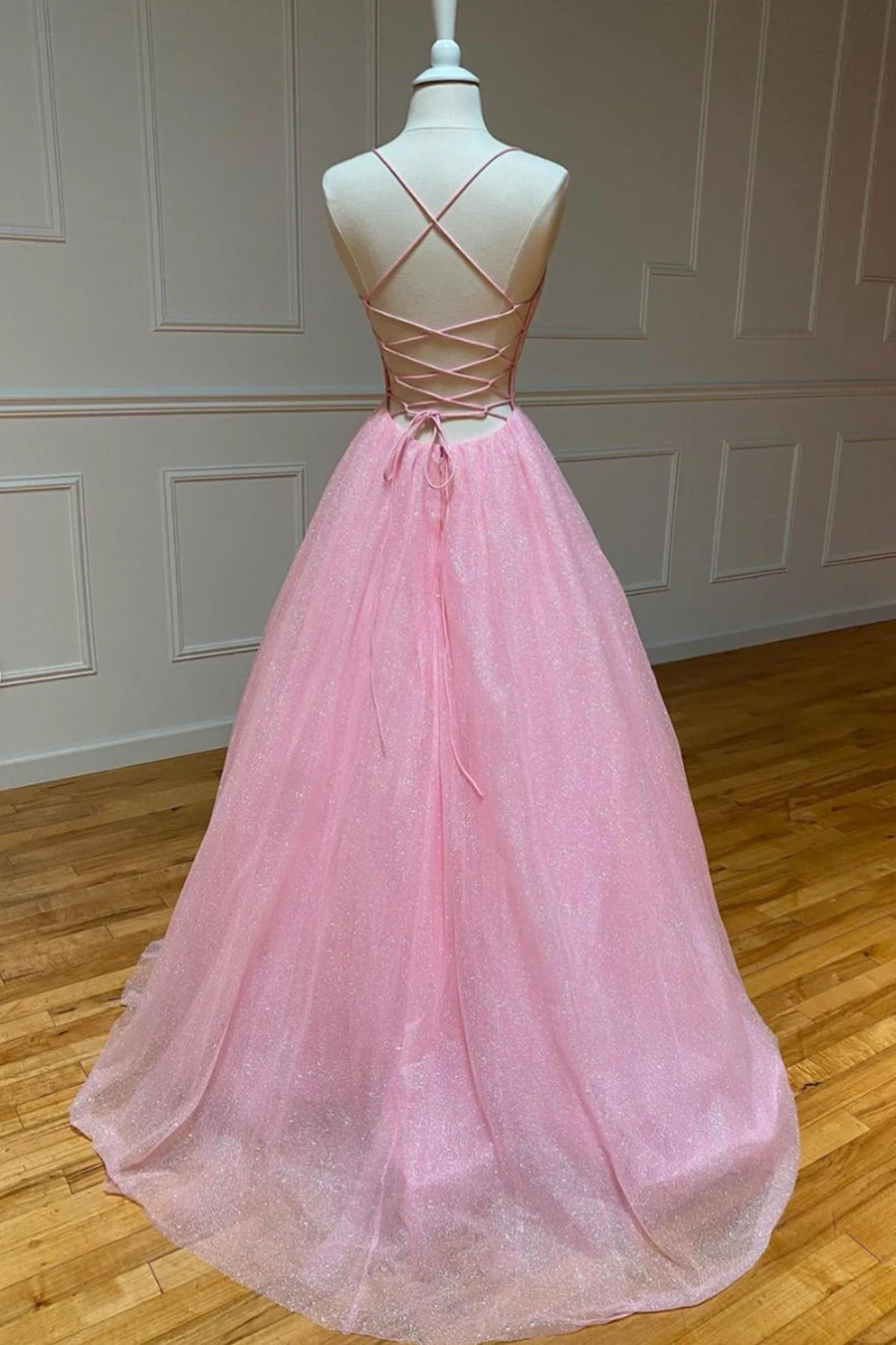 A-Line V-Neck Spaghetti Straps Backless Sequins Tulle Pink Long Prom Dresses