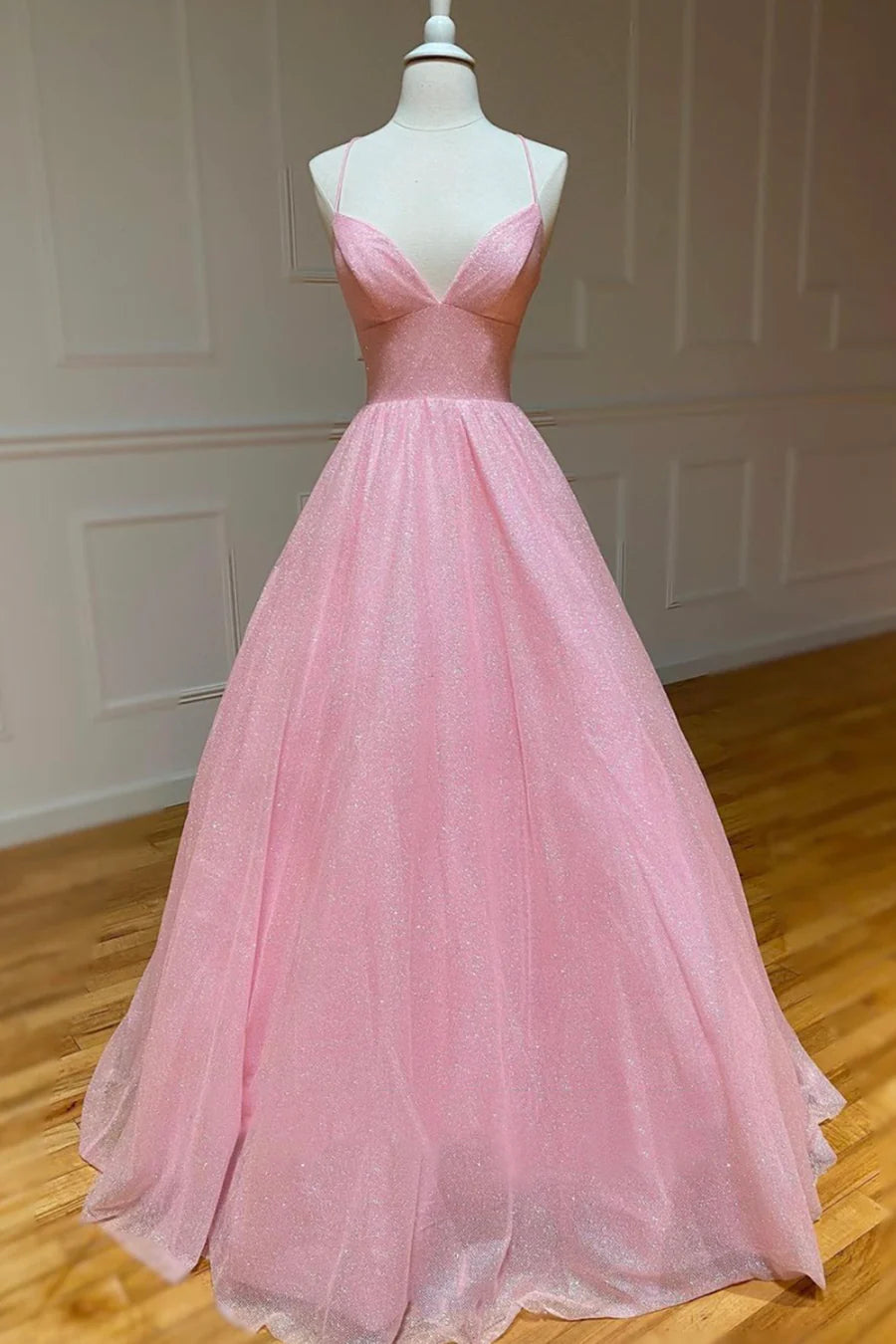 A-Line V-Neck Spaghetti Straps Backless Sequins Tulle Pink Long Prom Dresses