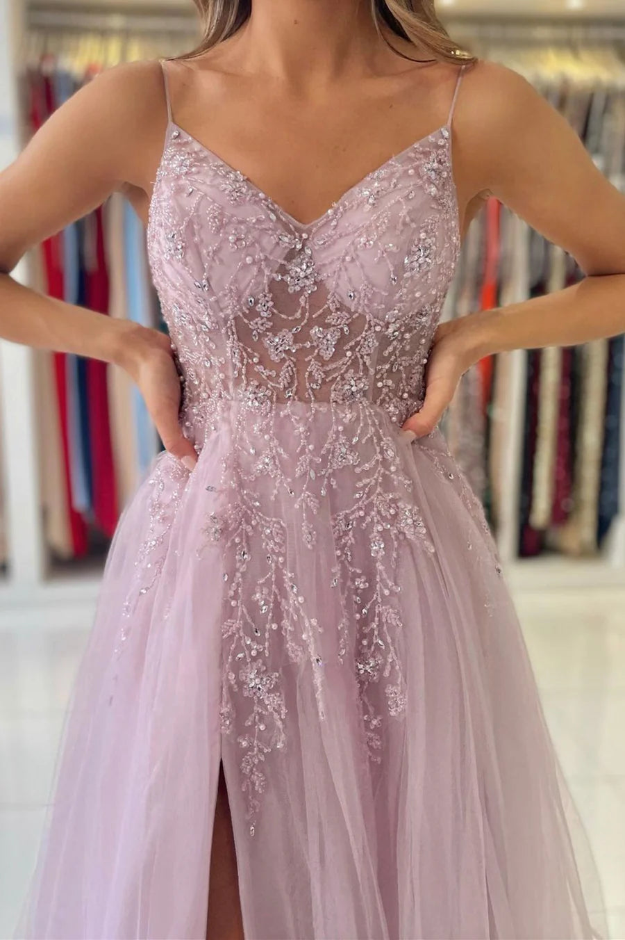 A-Line V-Neck Spaghetti Straps Beaded Tulle Pink Long Formal Prom Dress With Slit