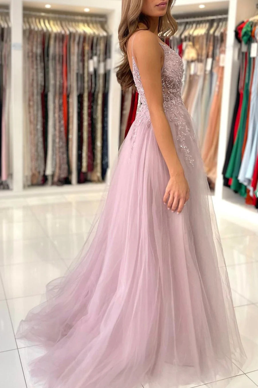 A-Line V-Neck Spaghetti Straps Beaded Tulle Pink Long Formal Prom Dress With Slit