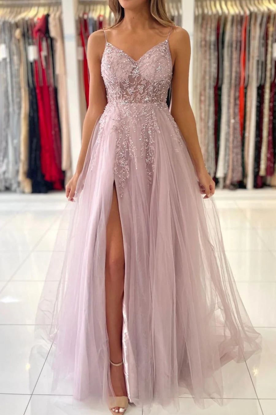A-Line V-Neck Spaghetti Straps Beaded Tulle Pink Long Formal Prom Dress With Slit