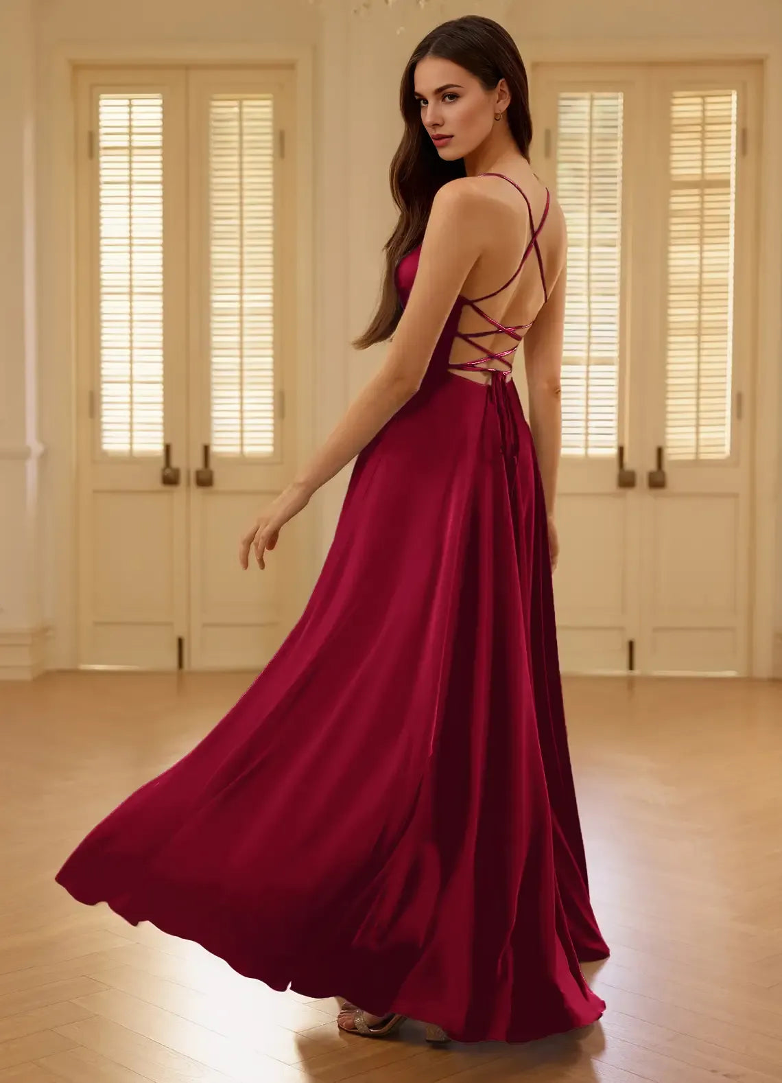 A-Line V-Neck Spaghetti Straps Pleated Slit Satin Wine Prom Dress