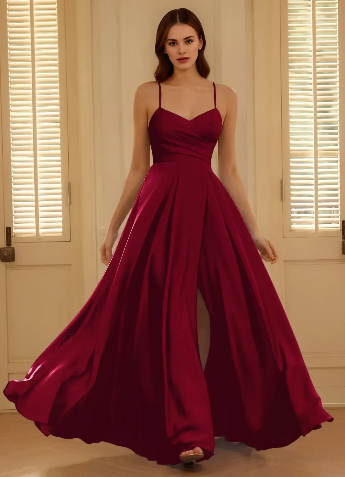 A-Line V-Neck Spaghetti Straps Pleated Slit Satin Wine Prom Dress