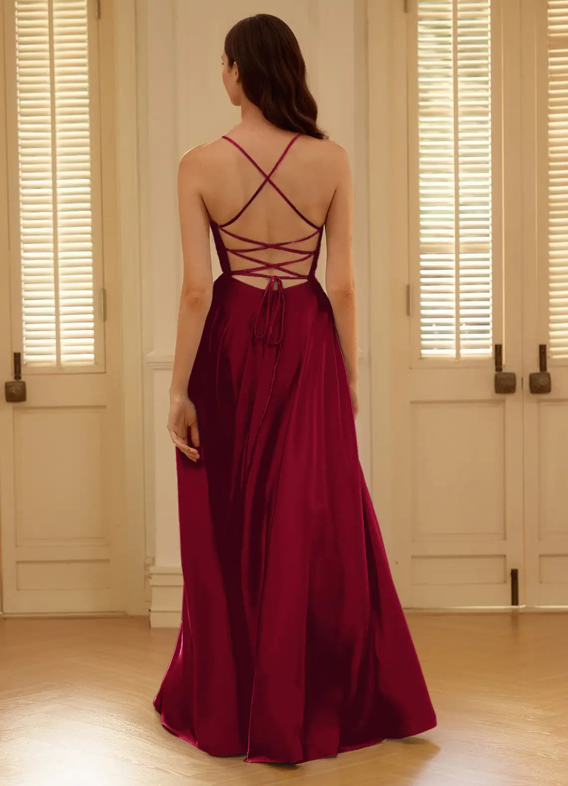A-Line V-Neck Spaghetti Straps Pleated Slit Satin Wine Prom Dress