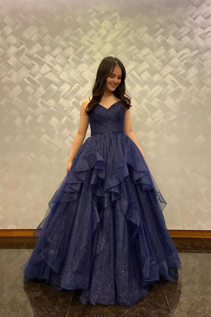 A-Line V-Neck Spaghetti Straps Ruffle Tiered Tulle Blue Long Prom Dresses