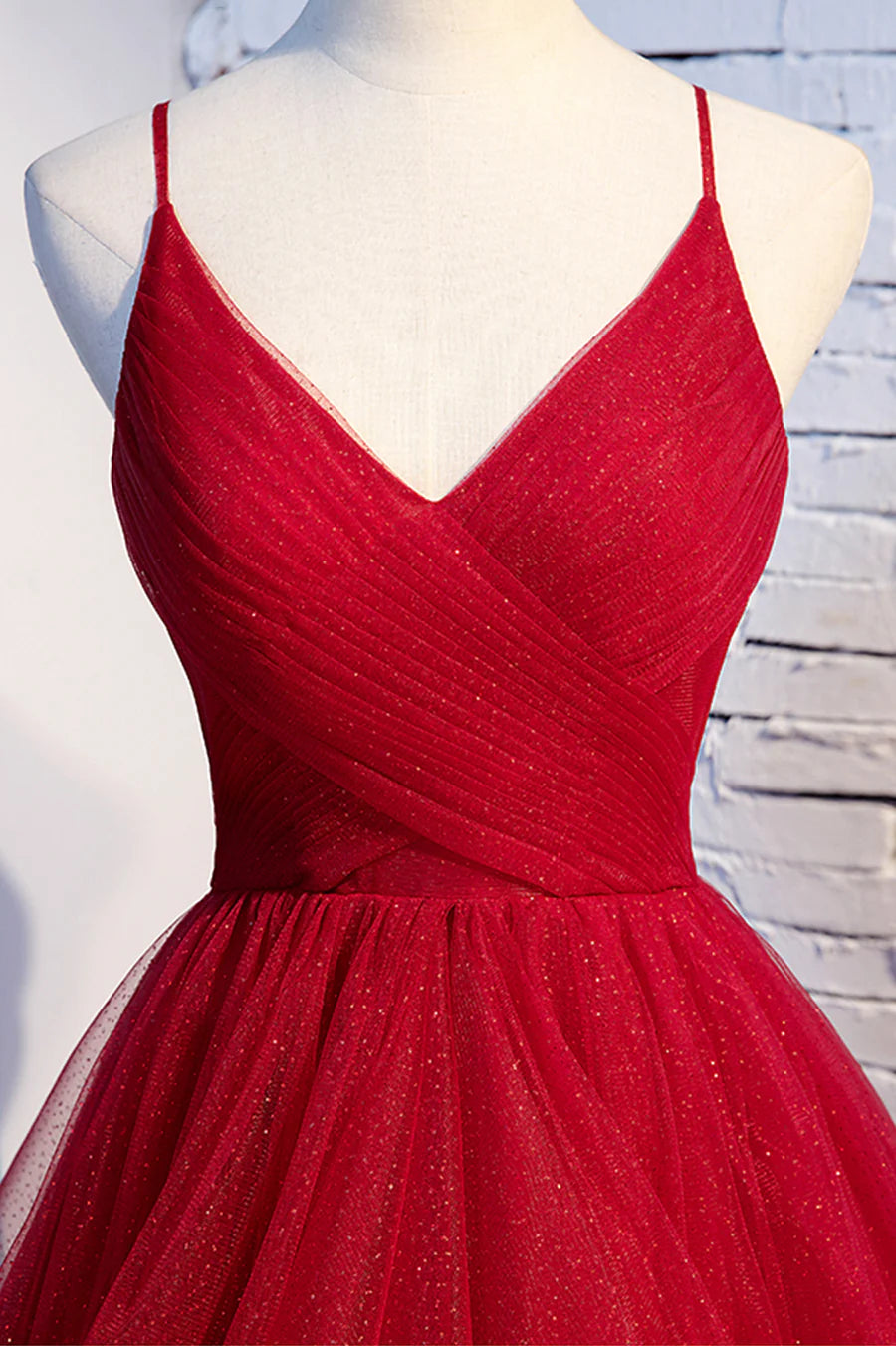 A-Line V-Neck Spaghetti Straps Tulle Red Long Prom Dress With Asymmetrical Hem