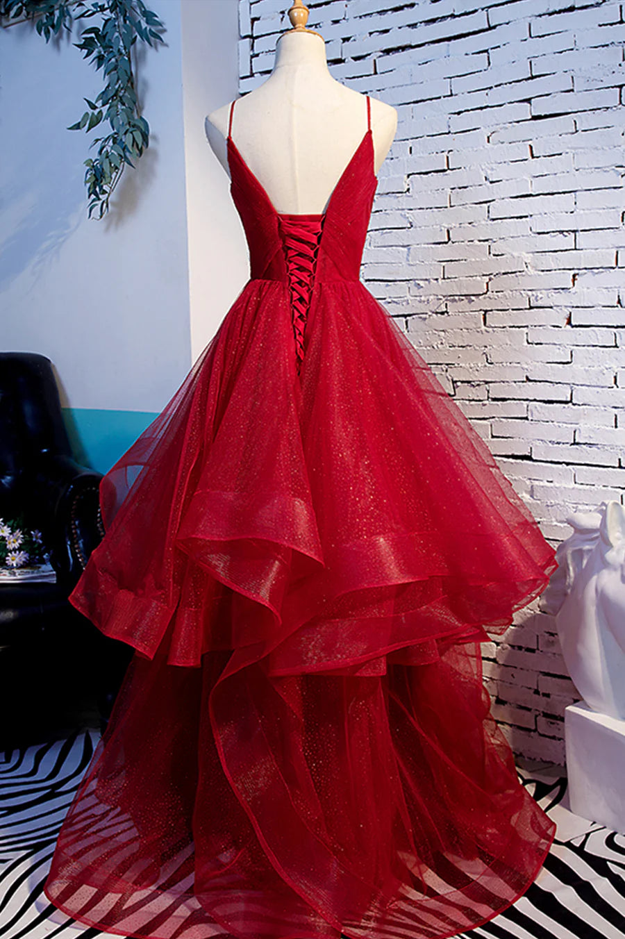 A-Line V-Neck Spaghetti Straps Tulle Red Long Prom Dress With Asymmetrical Hem