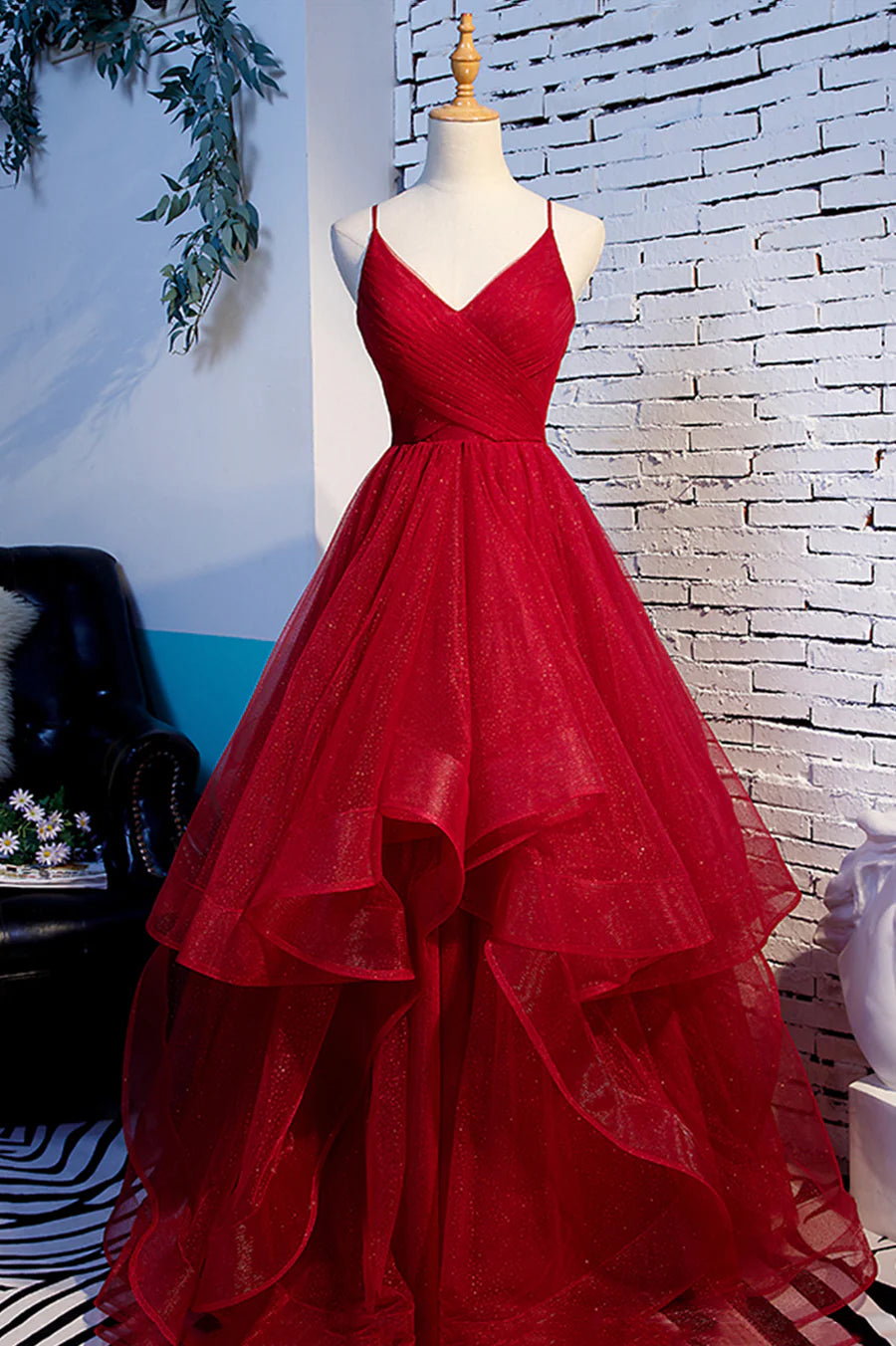 A-Line V-Neck Spaghetti Straps Tulle Red Long Prom Dress With Asymmetrical Hem