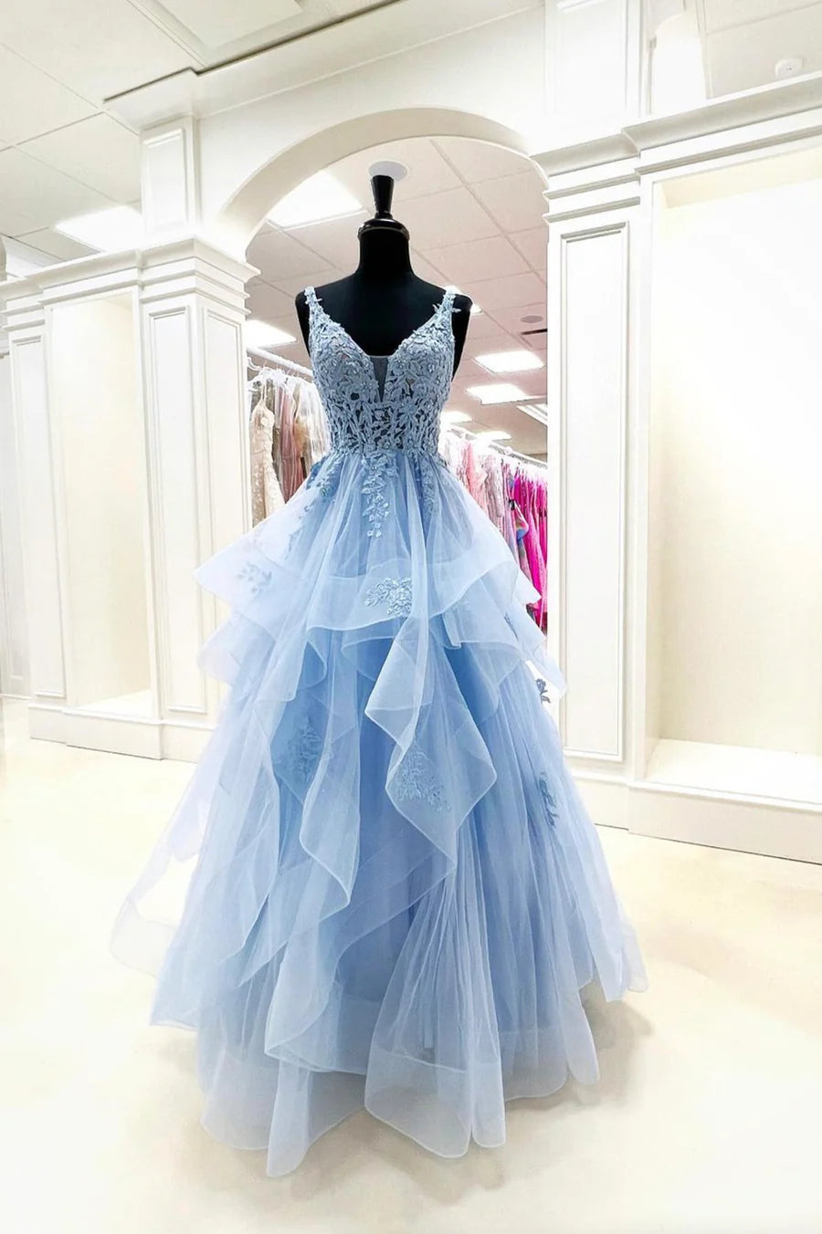 A-Line V-Neck Tiered Lace Tulle Blue Long Prom Dresses With Applique