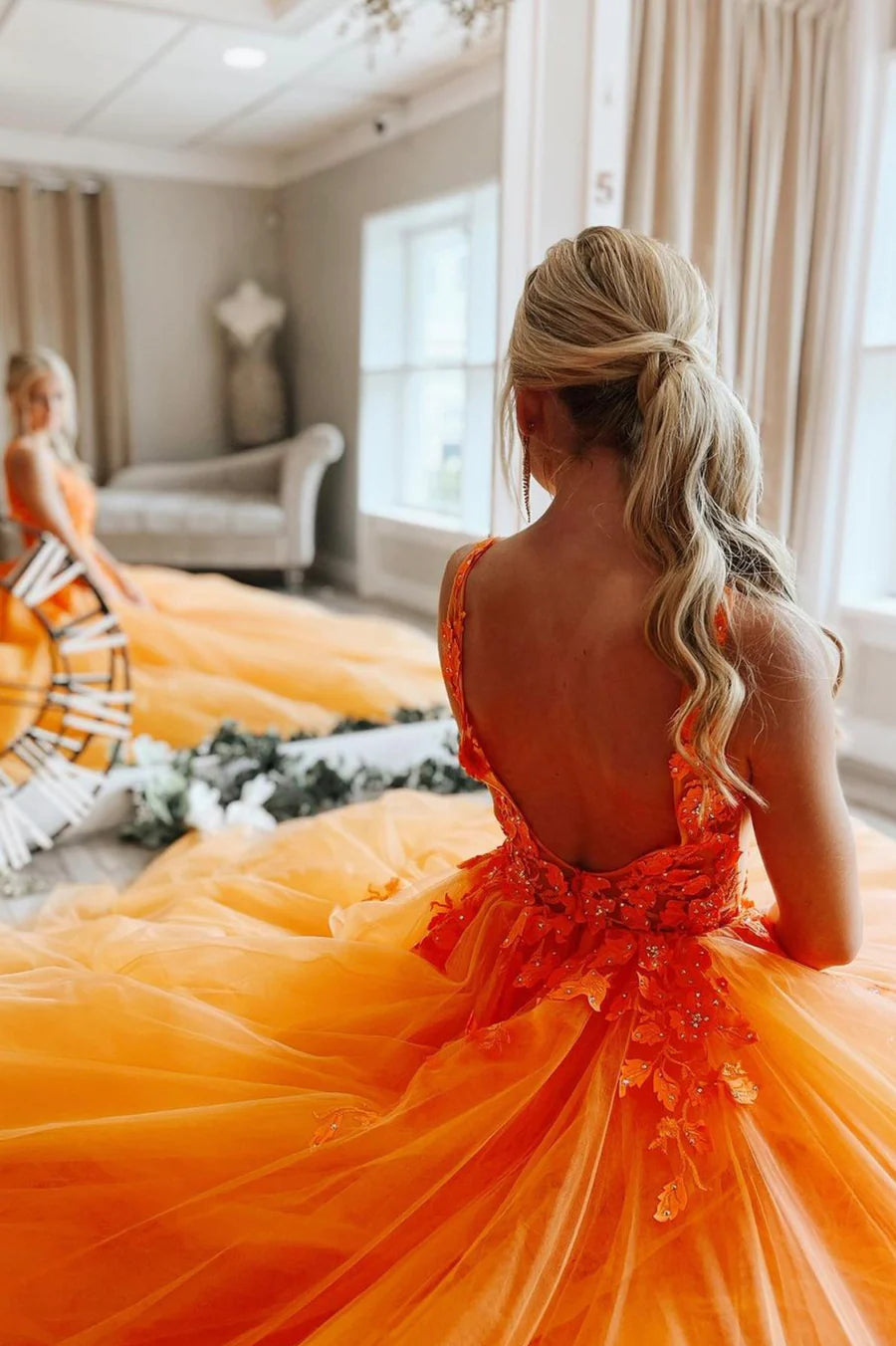 A-Line V-Neck Tiered Tulle Lace Orange Long Prom Dresses With Applique