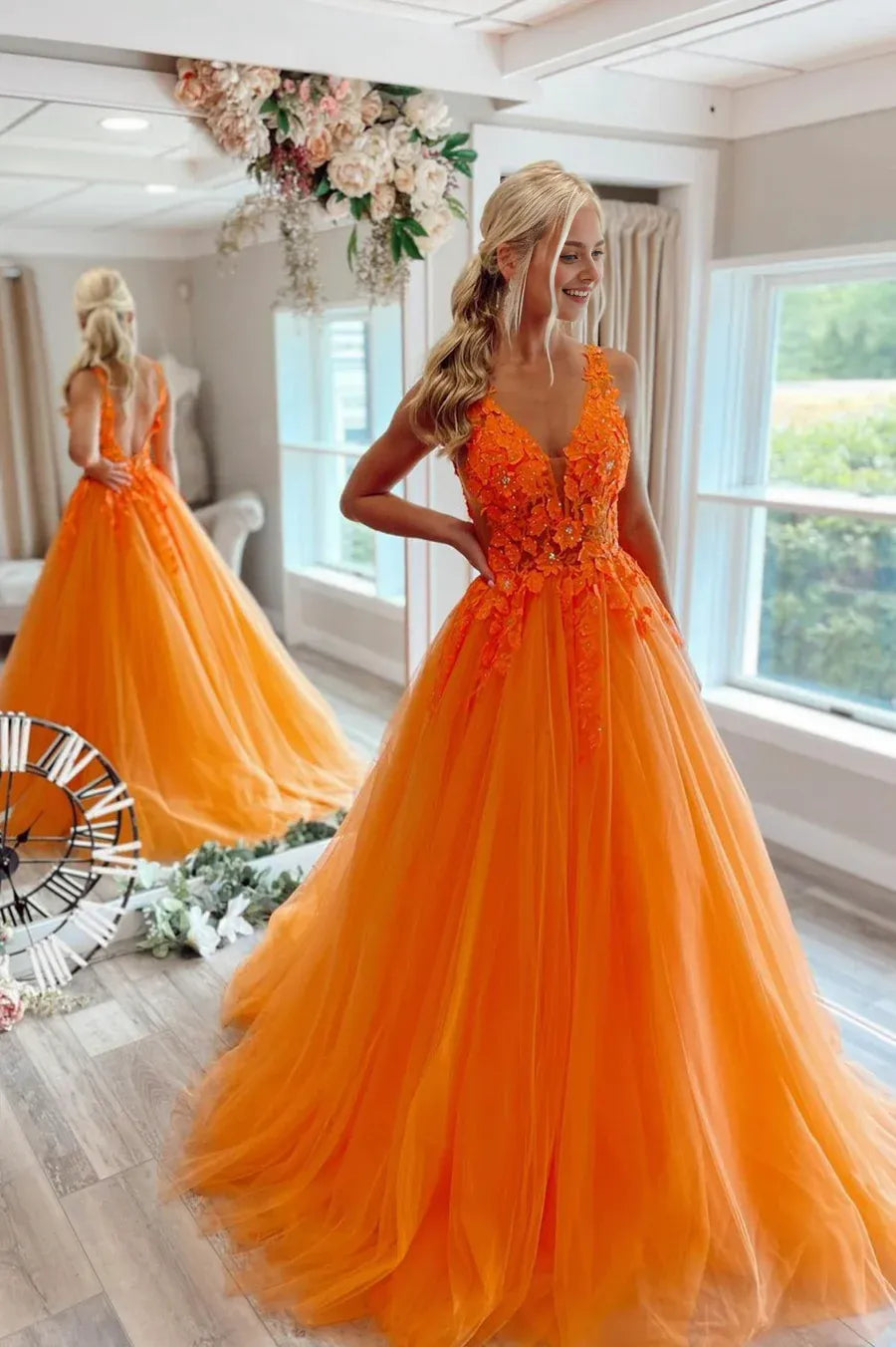 A-Line V-Neck Tiered Tulle Lace Orange Long Prom Dresses With Applique