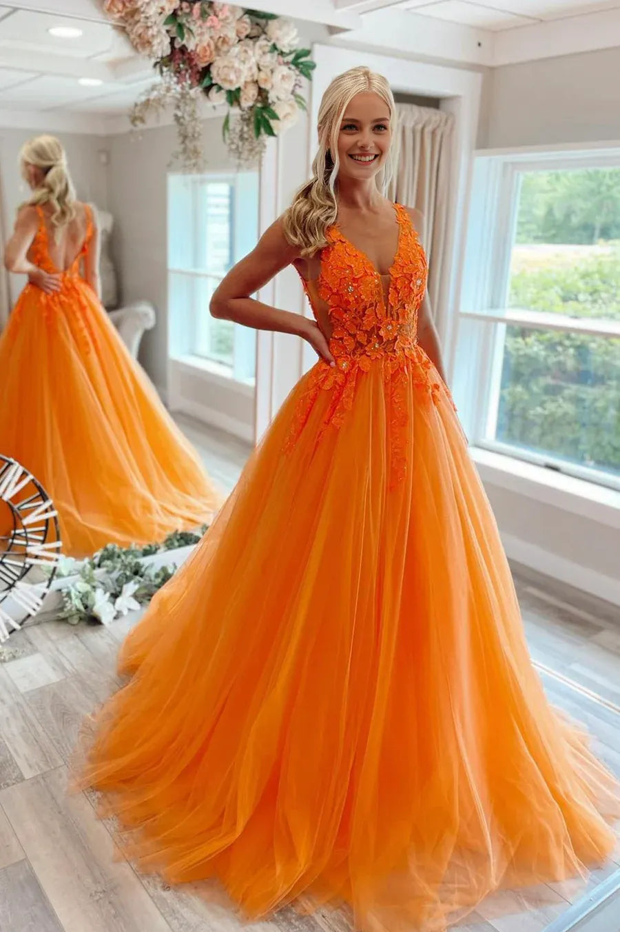 A-Line V-Neck Tiered Tulle Lace Orange Long Prom Dresses With Applique