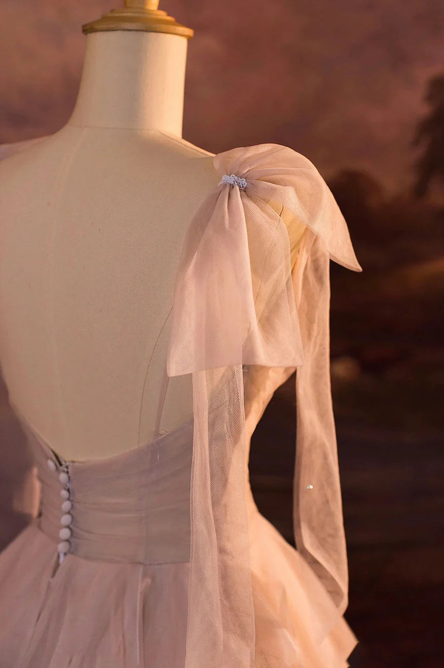 A-Line V-Neck Tulle Long Prom Dress With Tiered Asymmetrical Hem And Overlength Train