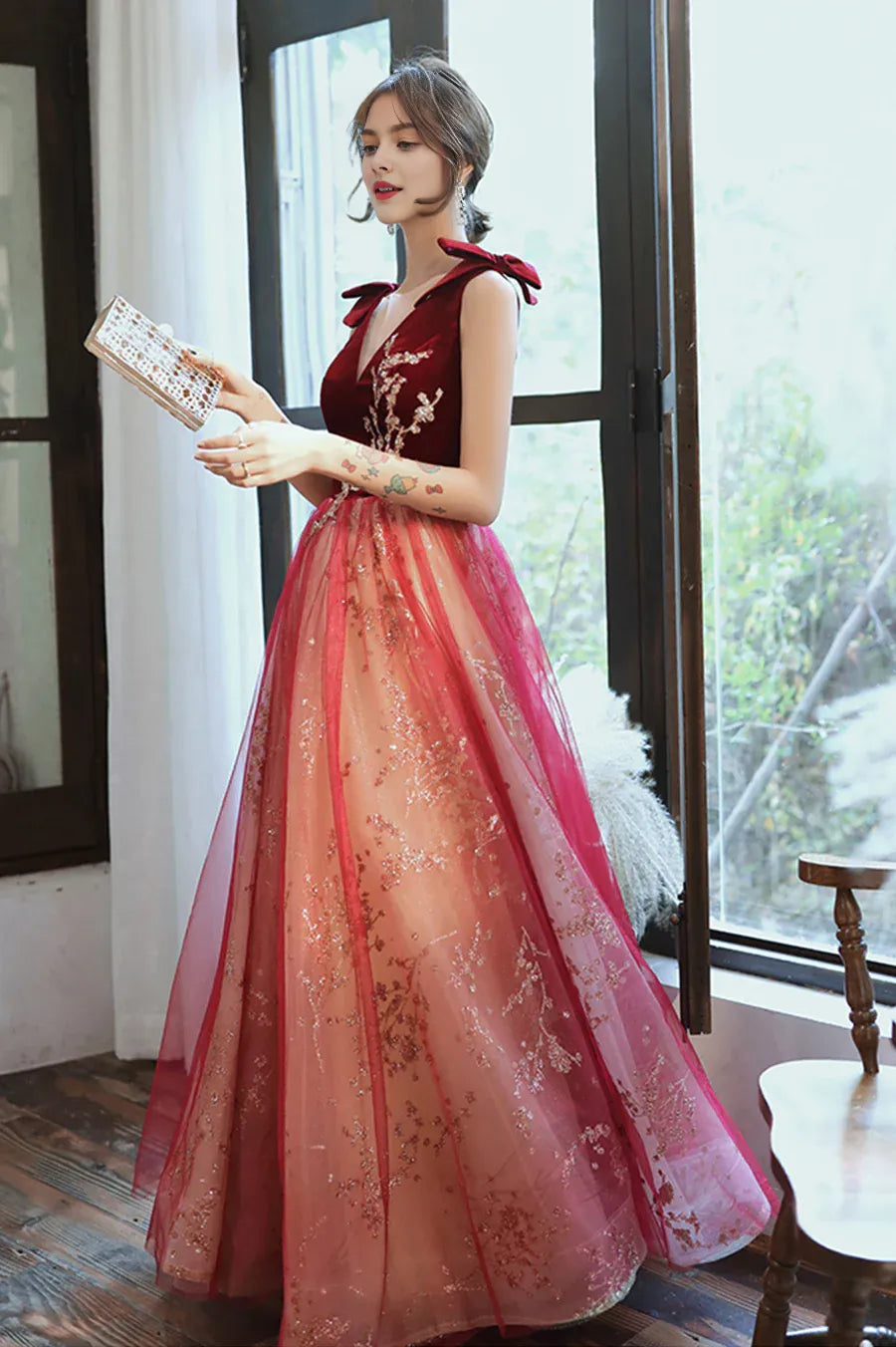 A-Line V-Neck Velvet Tulle Burgundy Long Prom Dresses Graduation Dresses