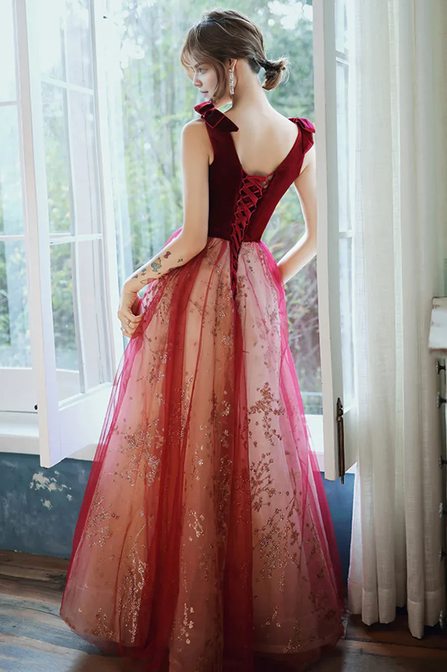 A-Line V-Neck Velvet Tulle Burgundy Long Prom Dresses Graduation Dresses