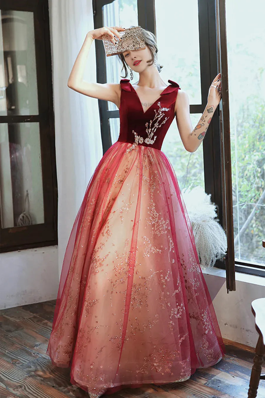 A-Line V-Neck Velvet Tulle Burgundy Long Prom Dresses Graduation Dresses