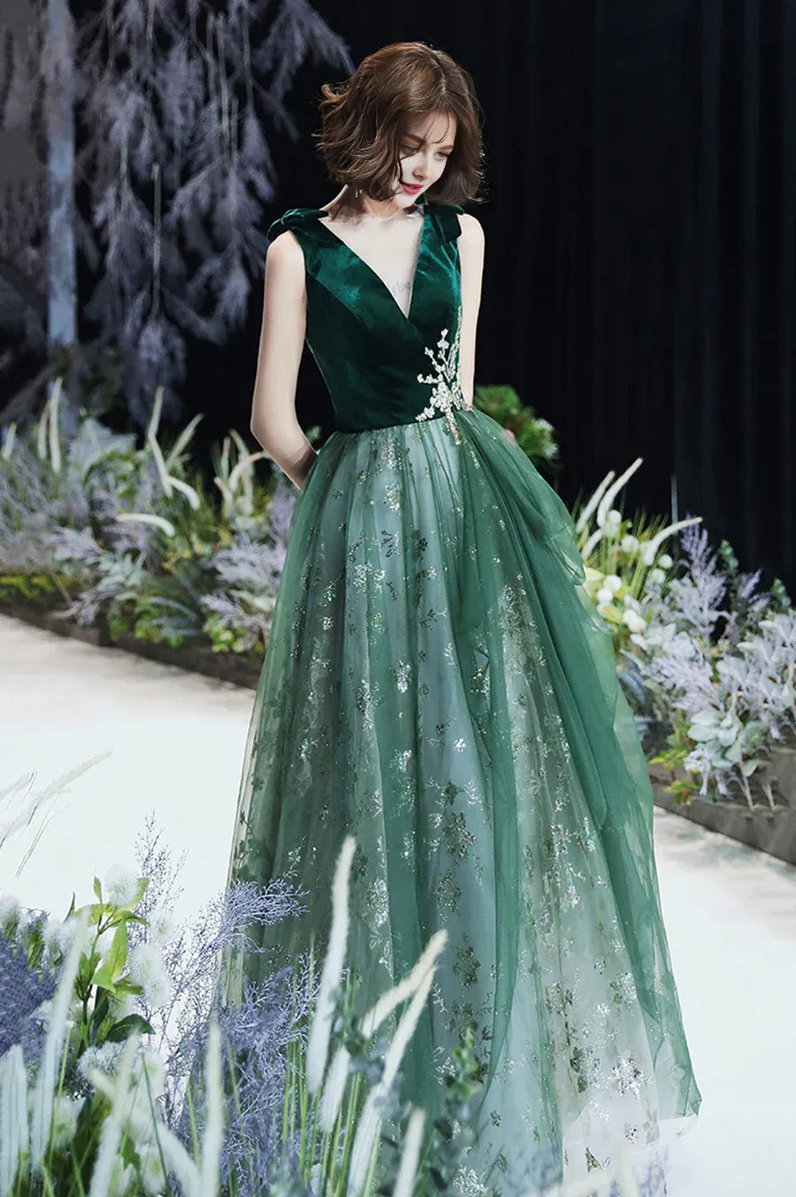 A-Line V-Neck Velvet Tulle Green Long Prom Dresses Evening Dresses