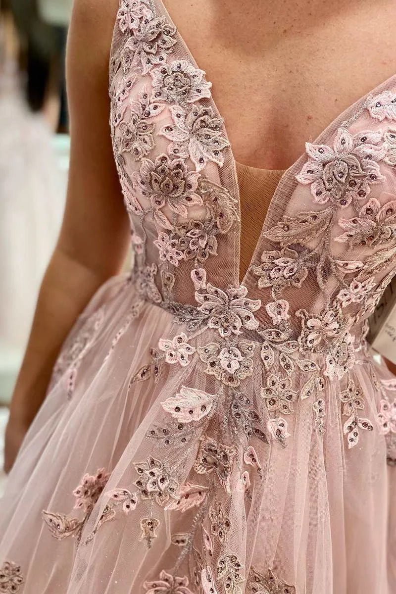 A-Line V Neck Backless Lace Appliques Light Pink Floor Length Prom Dress