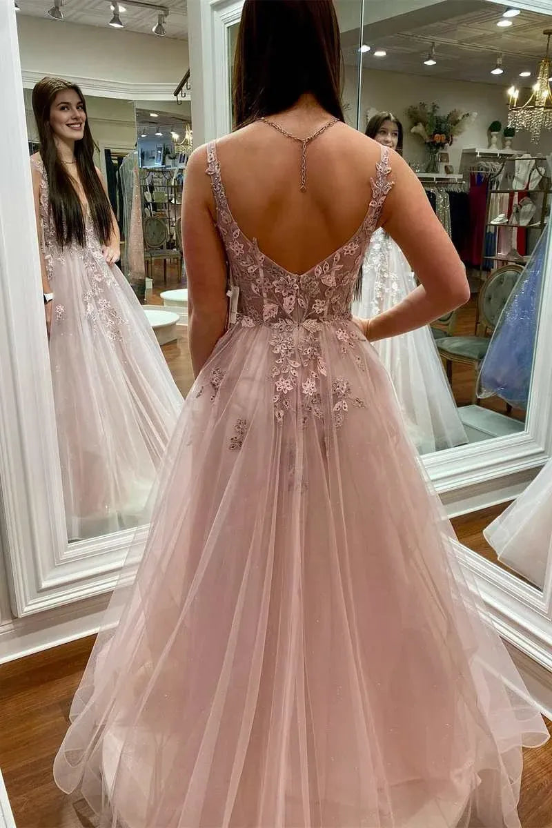 A-Line V Neck Backless Lace Appliques Light Pink Floor Length Prom Dress