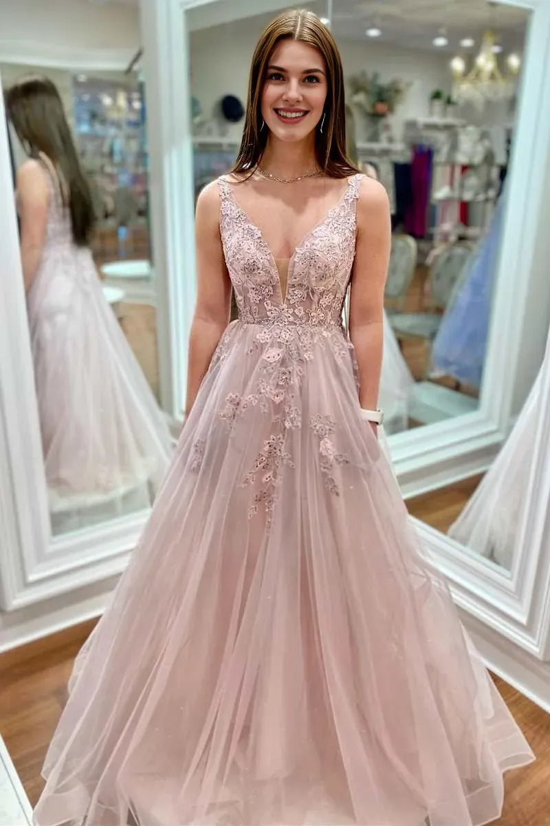 A-Line V Neck Backless Lace Appliques Light Pink Floor Length Prom Dress