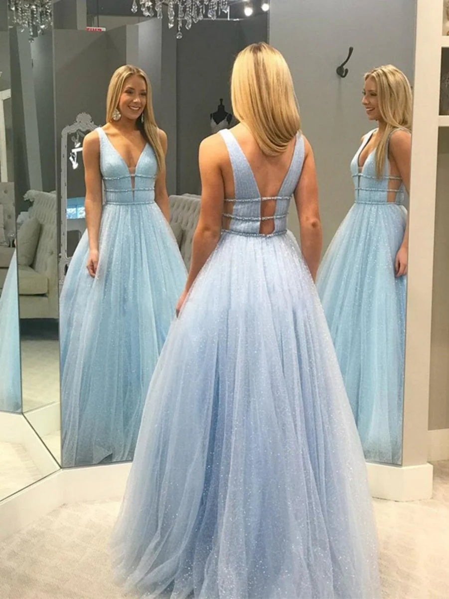 A-Line V Neck Beaded Open Back Glitter Tulle Yellow Floor Length Prom Dress