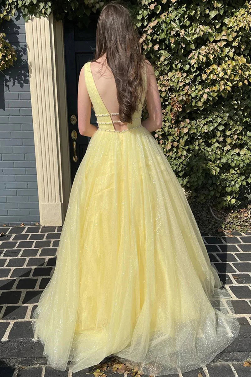 A-Line V Neck Beaded Open Back Glitter Tulle Yellow Floor Length Prom Dress