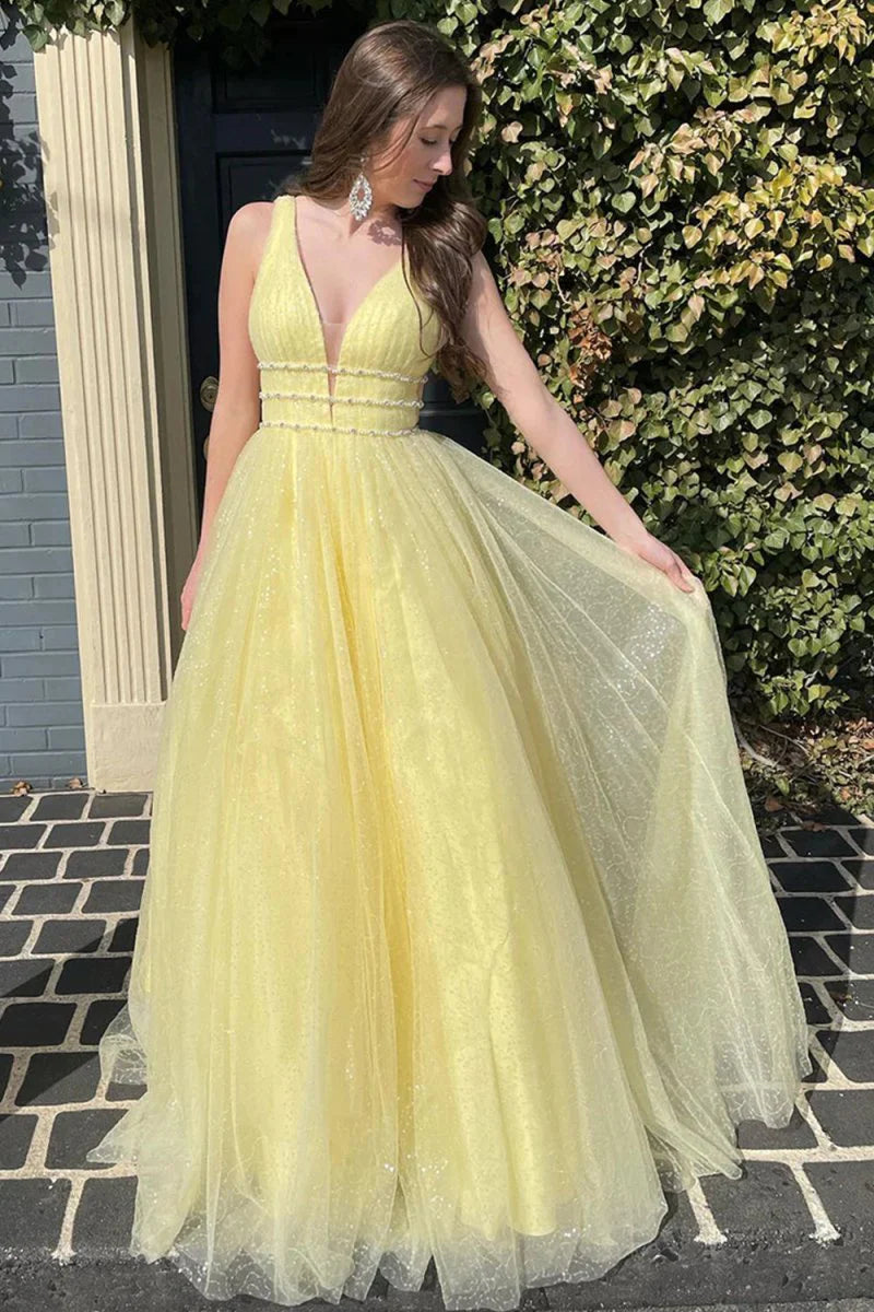 A-Line V Neck Beaded Open Back Glitter Tulle Yellow Floor Length Prom Dress
