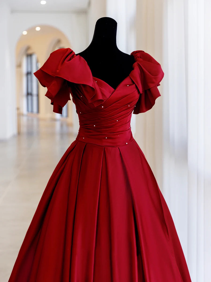 A-Line V Neck Cap Sleeves Pleated Beaded Satin Burgundy Long Prom Dress