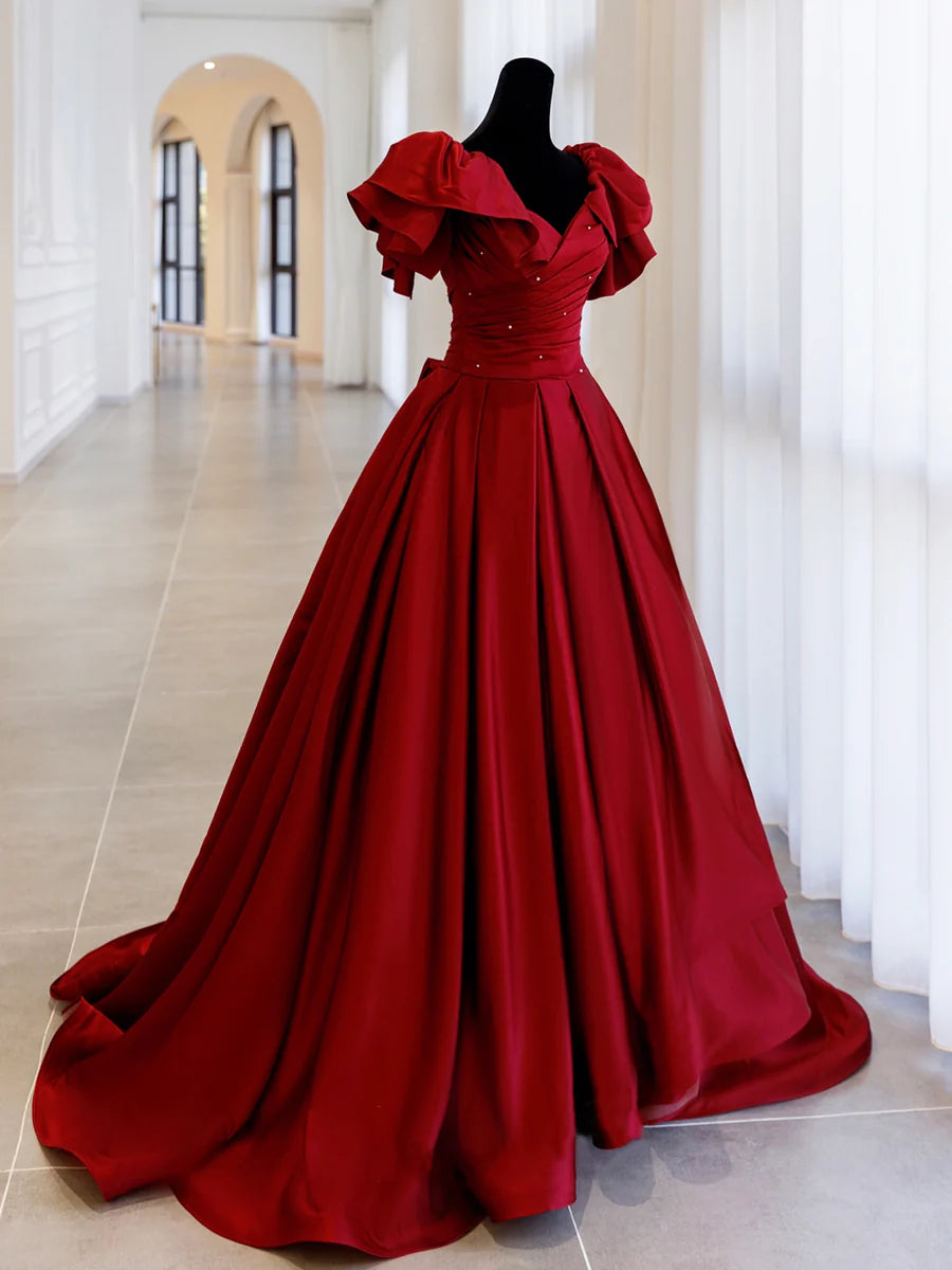 A-Line V Neck Cap Sleeves Pleated Beaded Satin Burgundy Long Prom Dress