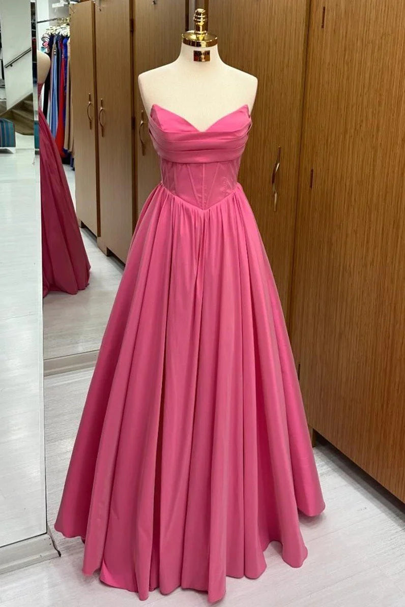 A-Line V Neck Corset Lace-Up Satin Hot Pink Long Formal Prom Dress