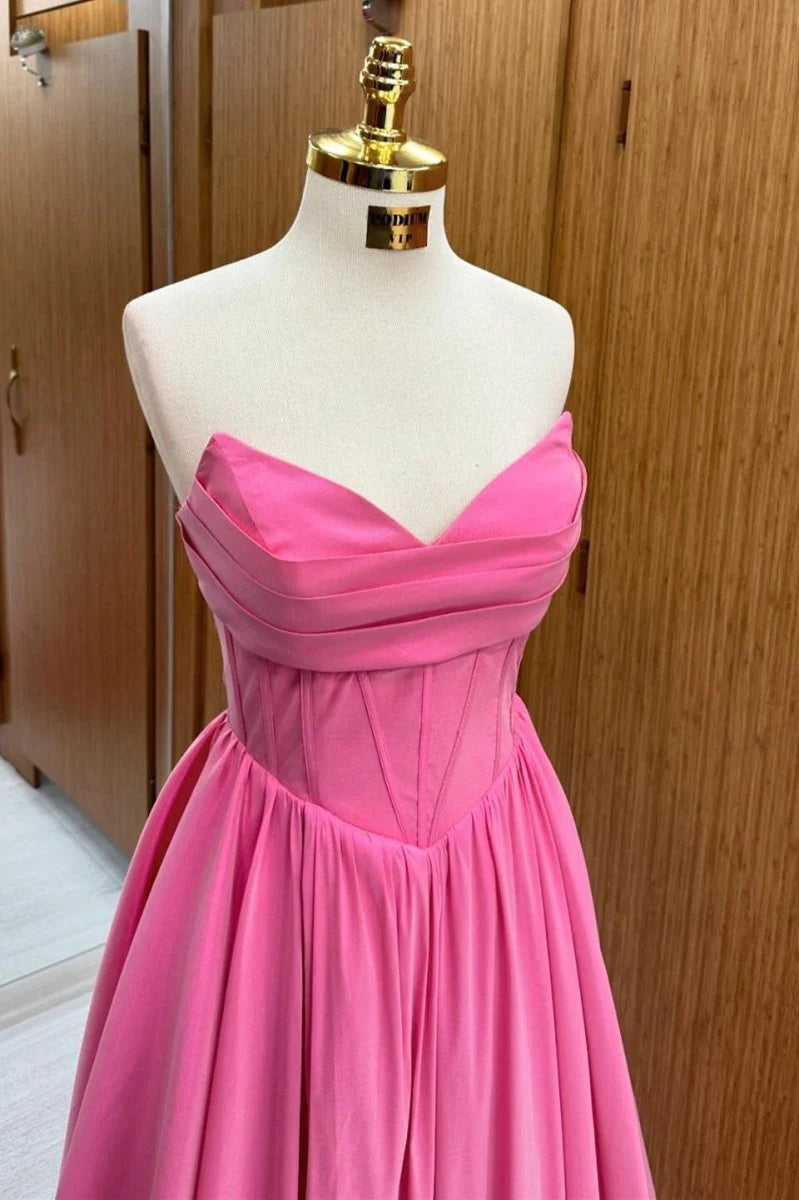 A-Line V Neck Corset Lace-Up Satin Hot Pink Long Formal Prom Dress