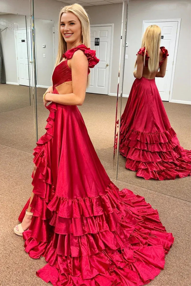 A-Line V Neck Cutout Ruffle Taffeta Red Long Prom Dress With Slit