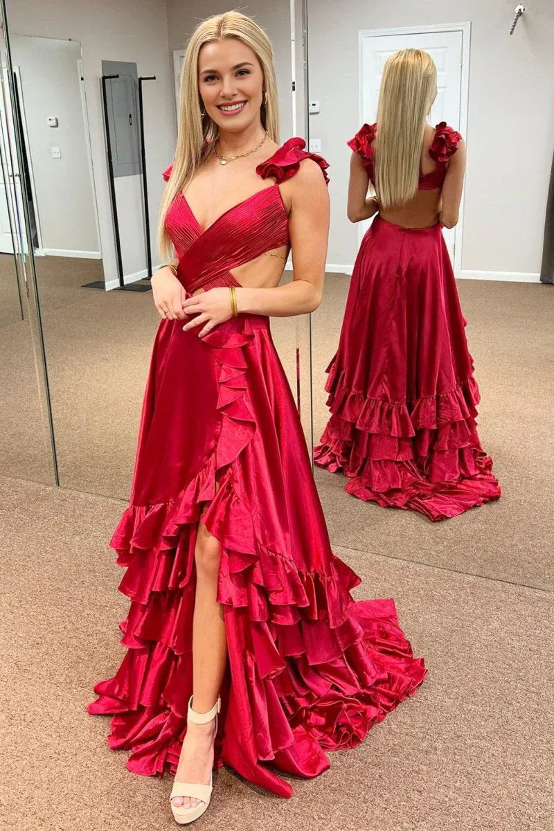 A-Line V Neck Cutout Ruffle Taffeta Red Long Prom Dress With Slit