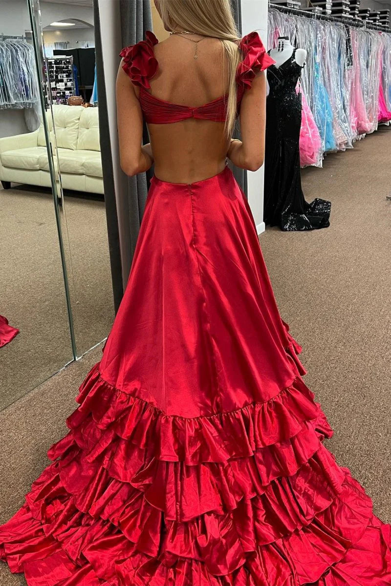 A-Line V Neck Cutout Ruffle Taffeta Red Long Prom Dress With Slit