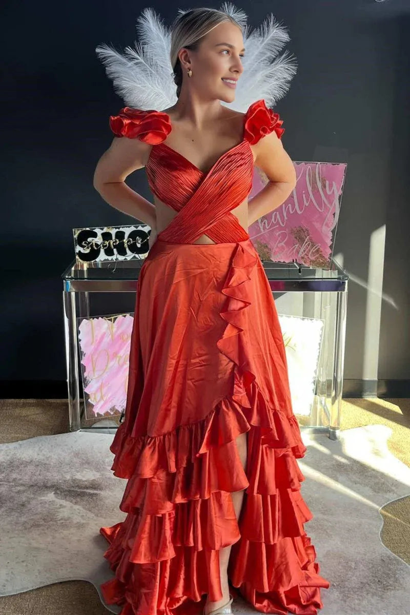 A-Line V Neck Cutout Ruffle Taffeta Red Long Prom Dress With Slit