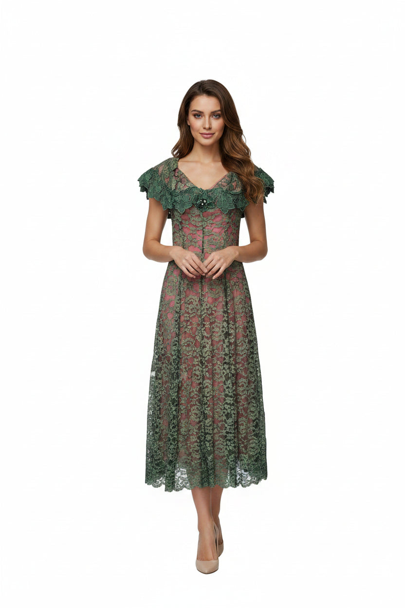 A-Line V Neck Beaded Floral Lace Green Floor-Length Prom Dress With Ruffle