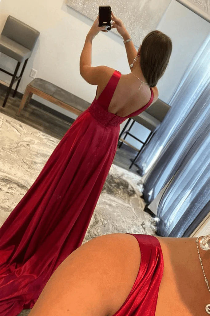 A-Line V Neck Lace Applique Burgundy Long Evening Dress With Slit