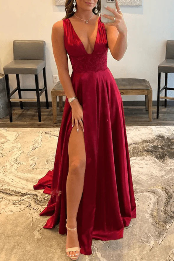 A-Line V Neck Lace Applique Burgundy Long Evening Dress With Slit