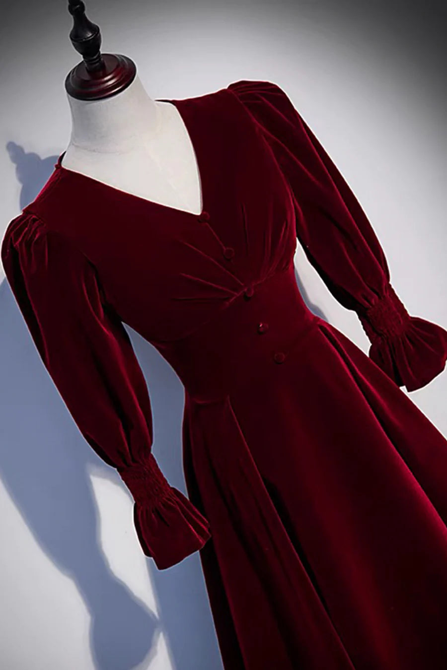 A-Line V Neck Long Sleeve Velvet Burgundy Long Prom Dresses Evening Dresses
