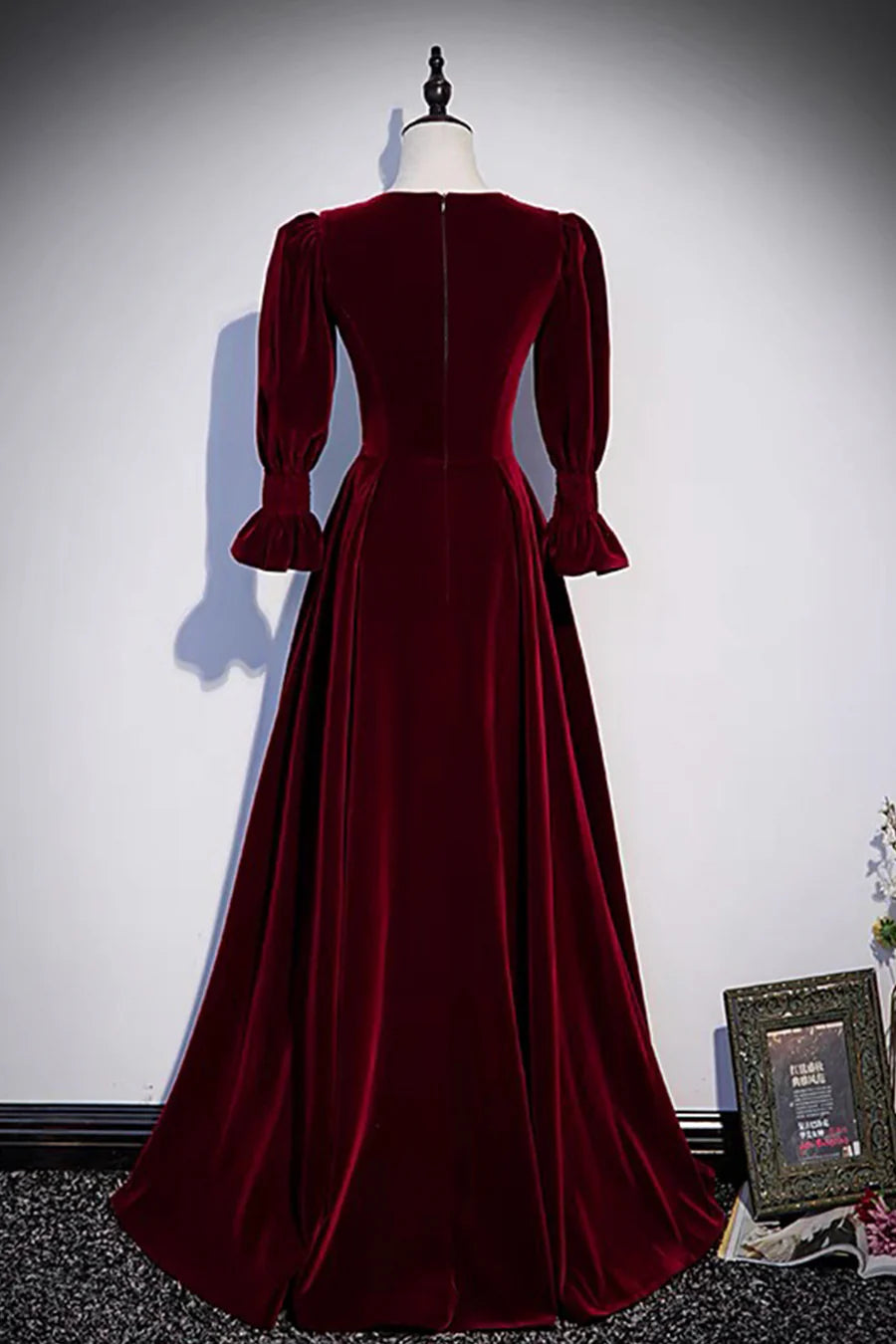 A-Line V Neck Long Sleeve Velvet Burgundy Long Prom Dresses Evening Dresses