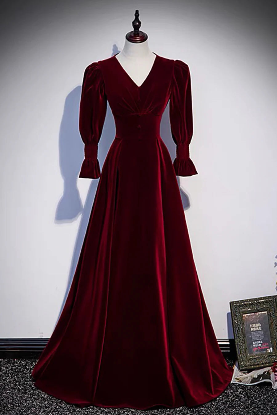 A-Line V Neck Long Sleeve Velvet Burgundy Long Prom Dresses Evening Dresses