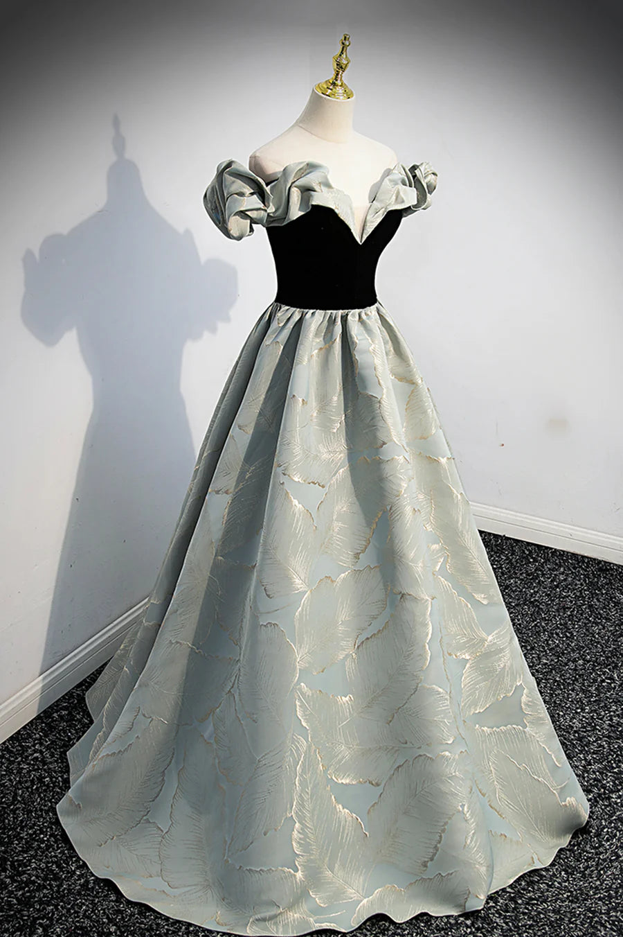 A-Line V Neck Off the Shoulder Printed Pattern Satin Floor Length Prom Dress