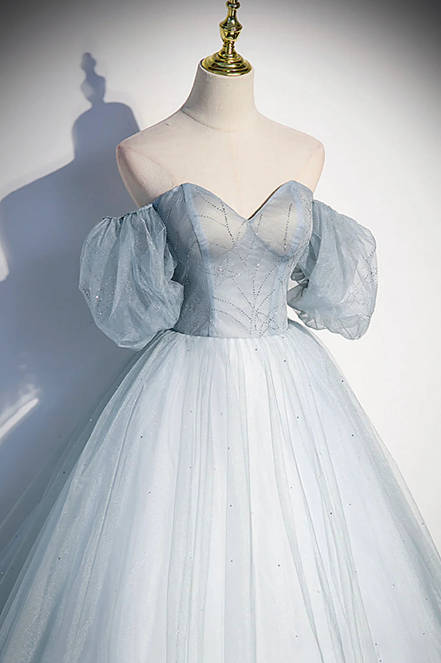 A-Line V Neck Puff Sleeves Off the Shoulder Tulle Blue Long Prom Dress