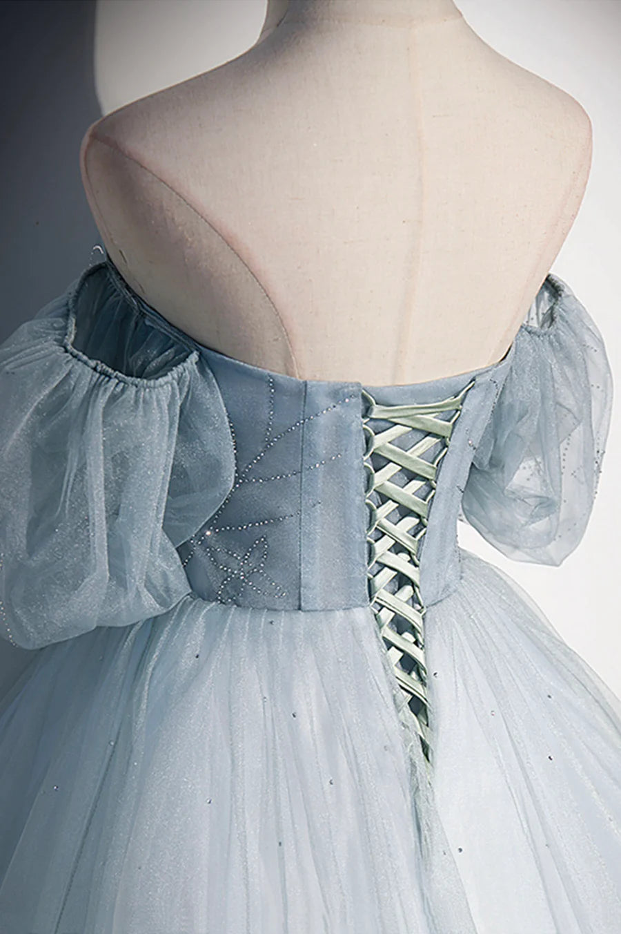 A-Line V Neck Puff Sleeves Off the Shoulder Tulle Blue Long Prom Dress