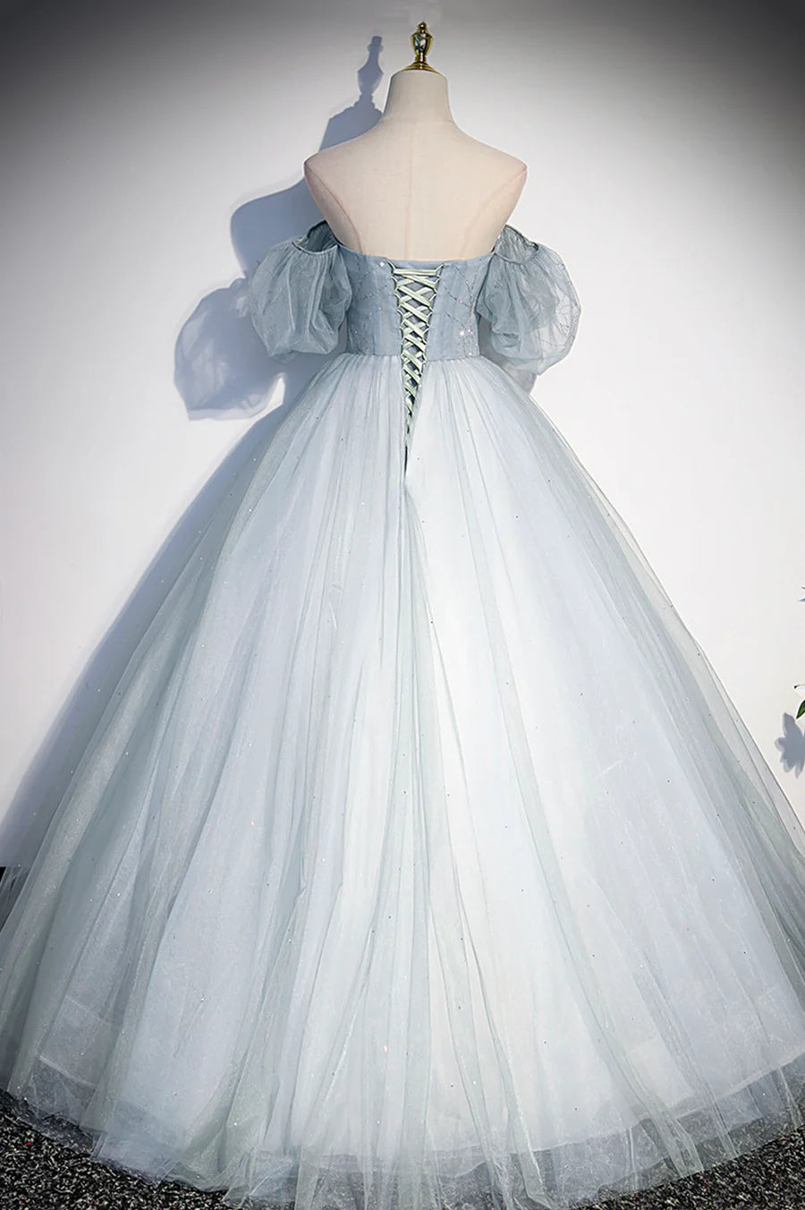 A-Line V Neck Puff Sleeves Off the Shoulder Tulle Blue Long Prom Dress