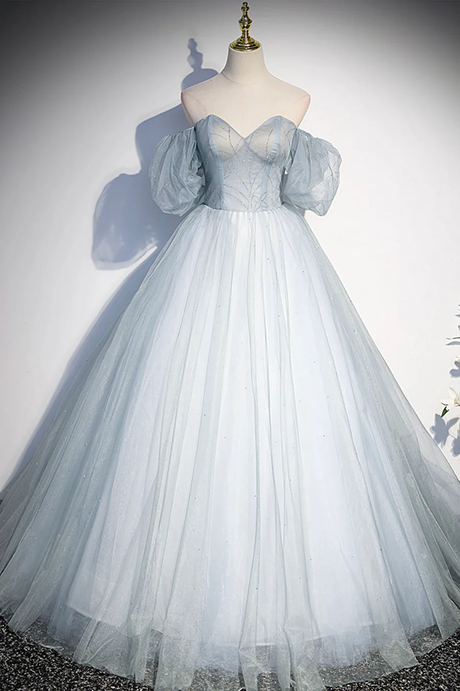 A-Line V Neck Puff Sleeves Off the Shoulder Tulle Blue Long Prom Dress