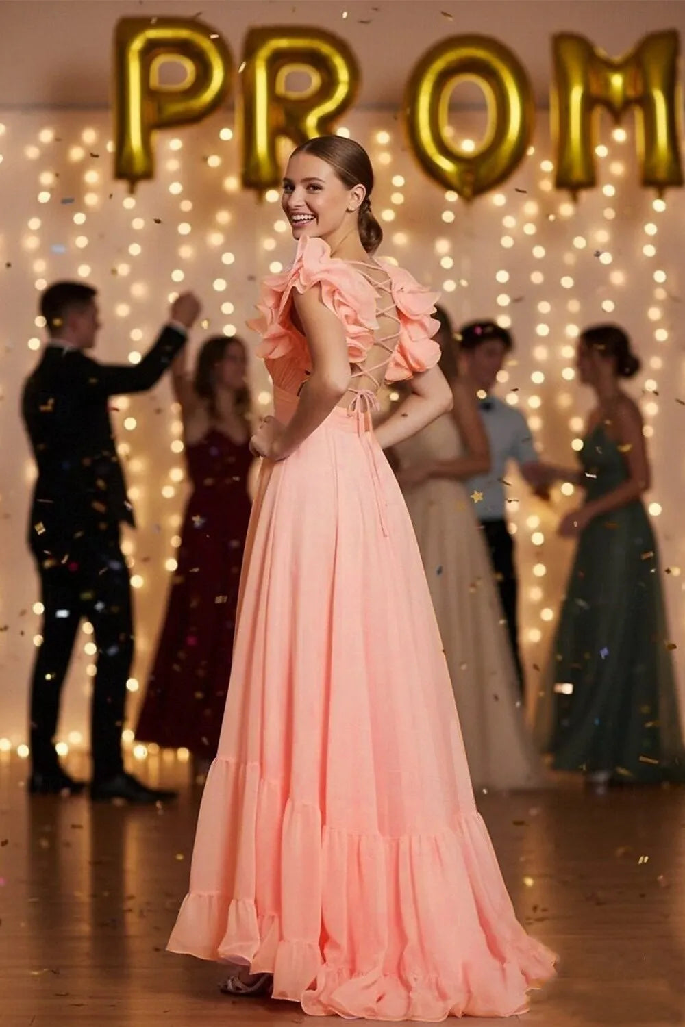 A-Line V Neck Ruffled Lace-Up Chiffon Peach Floor Length Prom Dress Hot Sale