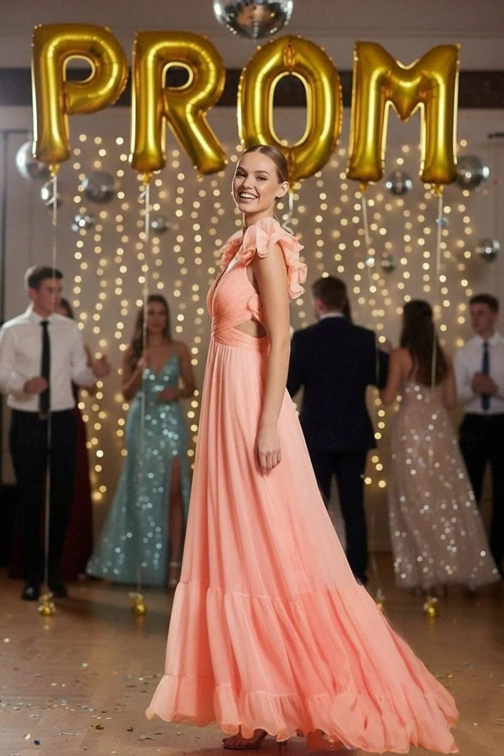 A-Line V Neck Ruffled Lace-Up Chiffon Peach Floor Length Prom Dress Hot Sale